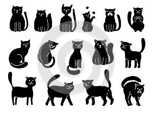 Cats silhouettes on white. Elegant cat icons, funny cartoon curiosity black animal collection vector illustration on