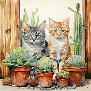 Cats sitting next to succulents and cactuses watercolor painting.