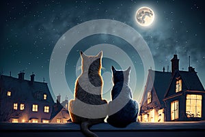 Cats sitting on roof at night, two pets looking at moon and stars in sky, generative AI