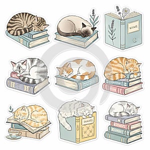 Cats sleeping on books with transparent background