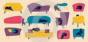 Cats on sofas and chairs. Cartoon funny pet animals on couch armchairs. Sleeping cats sofa, stools. Vector furniture set