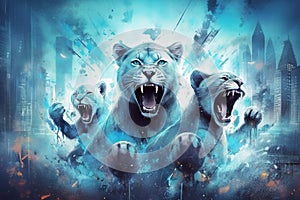 cats supporters of Manchester city winnning champions league illustration generative ai photo