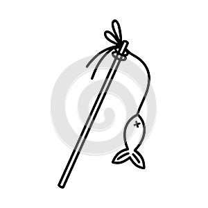 Cats teaser vector icon. Fishing rod toy for a kitten. The rag fish is tied to a stick, fun for pets. Accessory for