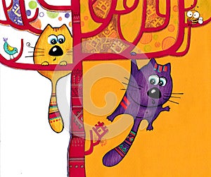 Cats on the tree, applique for children`s illustrations, postcards, backgrounds
