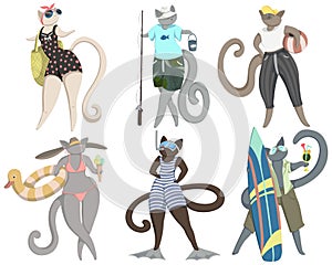 Cats on vacation. Cute animal characters spend summer holidays. Surfing, eating ice cream, swimming, diving, fishing, tanning, pla