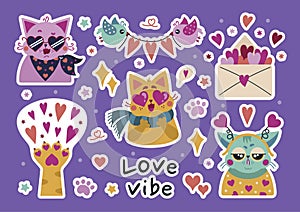 Cats for Valentine's Day stickers set. Vector collection of cute romantic kittens. Pets are in love, smiling, angry