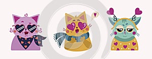 Cats for Valentines Day vector set. Bright collection of cute romantic kittens. Sweet pets are in love, smiling, grumpy