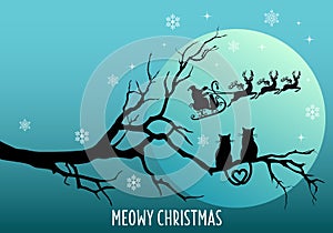 Cats watching Santa Claus, vector Christmas card