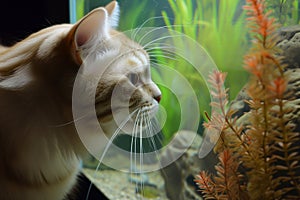 cats whiskers twitching as it stares at fish tank