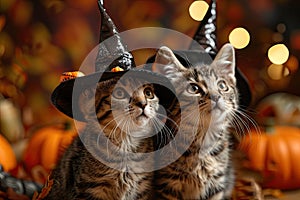 Cats in Witch Costumes, Cute Little Cats in Wizard Hats, Beautiful Funny Cat Sisters Celebrate