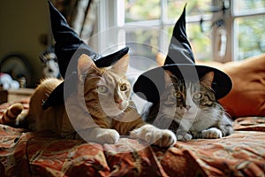 Cats in Witch Costumes, Cute Little Cats in Wizard Hats, Beautiful Funny Cat Sisters Celebrate