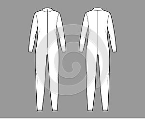 Catsuit Dungaree overall technical fashion illustration with full length, zipper closure, oversized body, long sleeves.