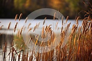 cattails waving in the wind on marshy lake