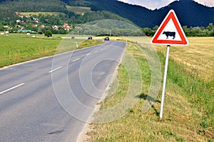 Cattle crossing traffic sign next to road, some cars in background