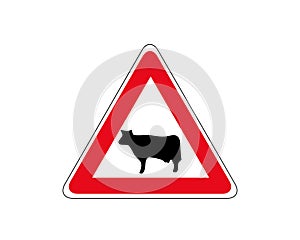 Cattle crossing warning road sign. Vector illustration of cow caution traffic sign. Farm hazzard attention red triangle mark