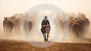 Cattle drivers. A man in a cowboy hat while driving a herd of horses.