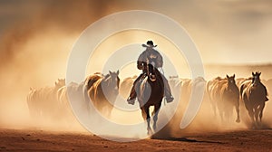 Cattle drivers. A man in a cowboy hat while driving a herd of horses.