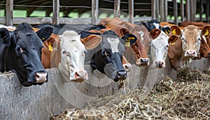 Cattle feeding on hay in cowshed at dairy farm for nutritious fodder consumption