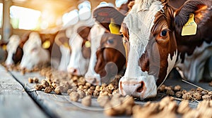 Cattle feeding on hay inside a cowshed on a productive and well managed dairy farm