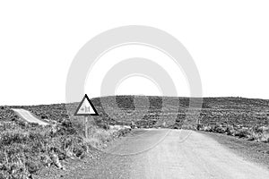 Cattle grid road sign on road R356. Monochrome