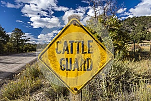 Cattle Guard' Road sign outside of Ridgway, Colorado warns people of open range grazing October 1, 2016