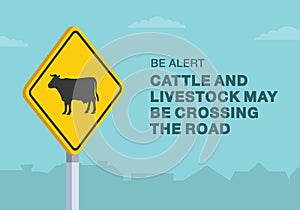 Cattle and livestock may be crossing the road sign. Close-up view.
