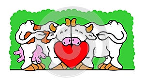 Cattle in love sit next to a bush and tenderly hug a big red heart