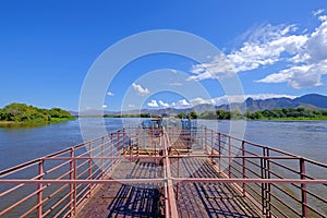 Cattle pontoon boat on Rio Paraguay river, Porto Jofre, Pantanal, Mato Grosso, Brazil, South America