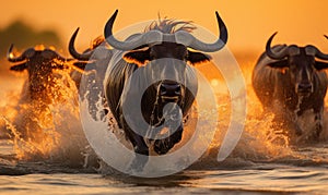 Cattle running through wate