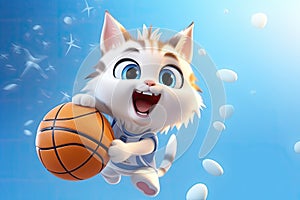 Catty Crossover: A 3D-Rendered Cat\'s Swanky Slam Dunk Dreams on Blue Gradient Background photo