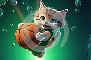 Catty Crossover: A 3D-Rendered Cat\'s Swanky Slam Dunk Dreams on Green Gradient Background photo
