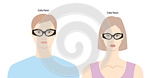 Catty Racer frame glasses on women and men flat character fashion accessory illustration. Sunglass front view silhouette