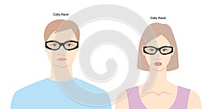 Catty Racer frame glasses on women and men flat character fashion accessory illustration. Sunglass unisex silhouette