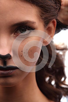 catwoman. female in lingerie with cat makeup and ears.
