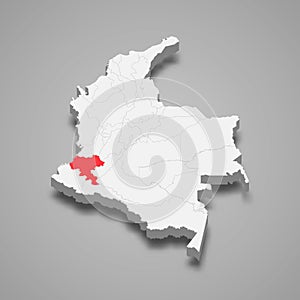 Cauca region location within Colombia 3d map