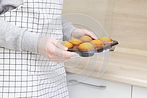 Caucasain woman holding tray with freshly made cupcakes or maffins at the kitchen