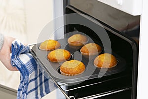 Caucasain woman holding tray with freshly made cupcakes or maffins at the kitchen