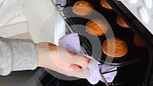 Caucasain woman holding tray with freshly made cupcakes or maffins at the kitchen