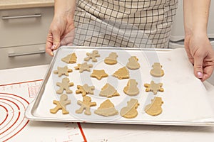 Caucasain woman holding tray with freshly made gingerbread cookies at the kitchen