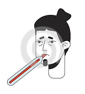 Caucasian adult man measuring oral temperature 2D linear vector avatar illustration