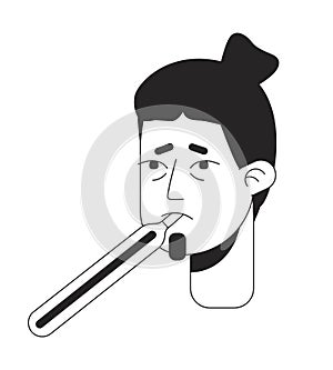 Caucasian adult man measuring oral temperature black and white 2D vector avatar illustration