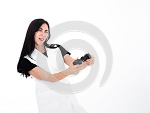 Caucasian adult woman playing sci-fi game fun concentration by wireless joystick controller equipment and expression move isolated