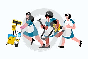 Caucasian,african-american hotel maids in uniform hurry to clean up in hotel room.Vector illustration.