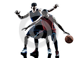 Caucasian and african basketball players man silhouette