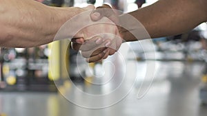 Caucasian and afro-american buddies agreeing on cooperation in gym, slowmotion