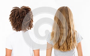 Caucasian and afro woman hair type set back view isolated on white background. African curly hairstyle, ombre and wavy blonde hair