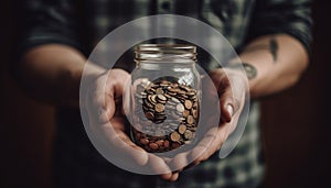 Caucasian barista holding fresh coffee bean jar for hot drink generated by AI