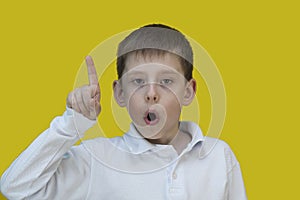 Caucasian boy 7-9 years old raised his forefinger up, opening his mouth, I have an idea gesture. Isolated on a yellow background,