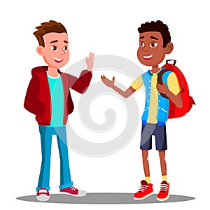 Caucasian Boy And Black Boy Greet Each Other, Friendship Vector. Multiracial. European And Afro American. Illustration