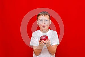 Caucasian boy kid child schoolboy holds a red Apple in his hands. Vitamins and fruits, healthy food. bright red wall